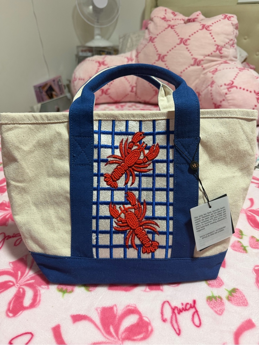 Canvas Tote with Blue Trim and Red Lobster Embroidery